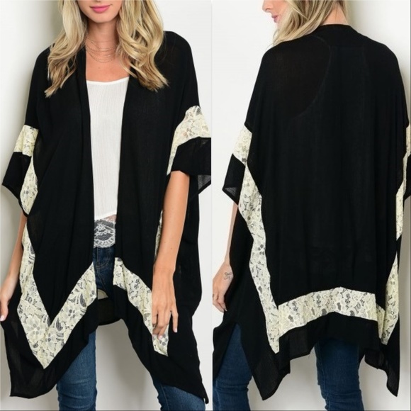 BOHO INSPIRED BLACK KIMONO WITH LACE DETAILS - Picture 3 of 3